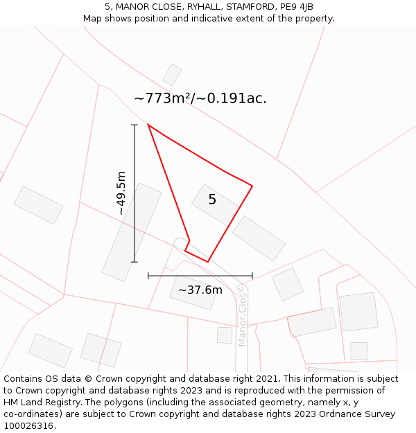 5, MANOR CLOSE, RYHALL, STAMFORD, PE9 4JB: Plot and title map