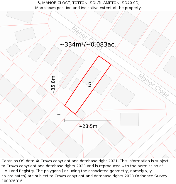 5, MANOR CLOSE, TOTTON, SOUTHAMPTON, SO40 9DJ: Plot and title map