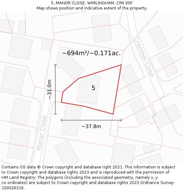 5, MANOR CLOSE, WARLINGHAM, CR6 9SF: Plot and title map
