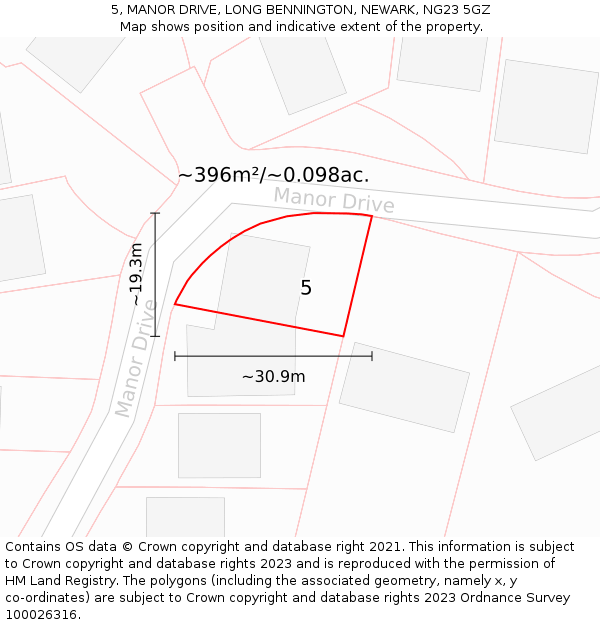5, MANOR DRIVE, LONG BENNINGTON, NEWARK, NG23 5GZ: Plot and title map