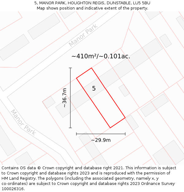 5, MANOR PARK, HOUGHTON REGIS, DUNSTABLE, LU5 5BU: Plot and title map