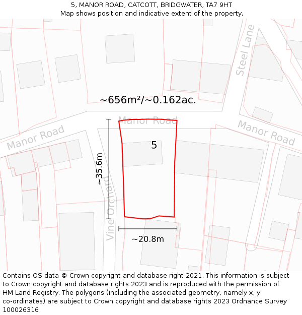 5, MANOR ROAD, CATCOTT, BRIDGWATER, TA7 9HT: Plot and title map