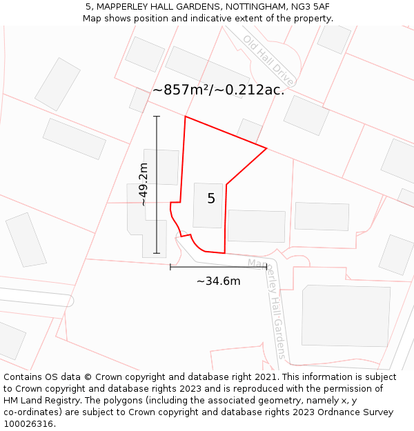 5, MAPPERLEY HALL GARDENS, NOTTINGHAM, NG3 5AF: Plot and title map