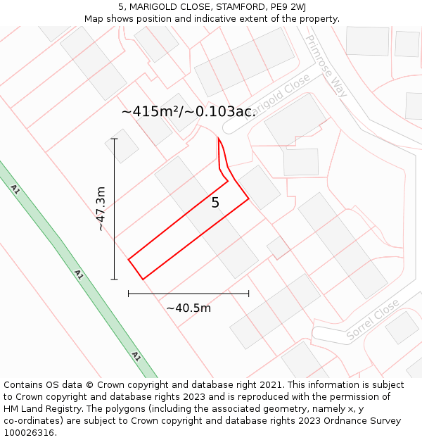 5, MARIGOLD CLOSE, STAMFORD, PE9 2WJ: Plot and title map