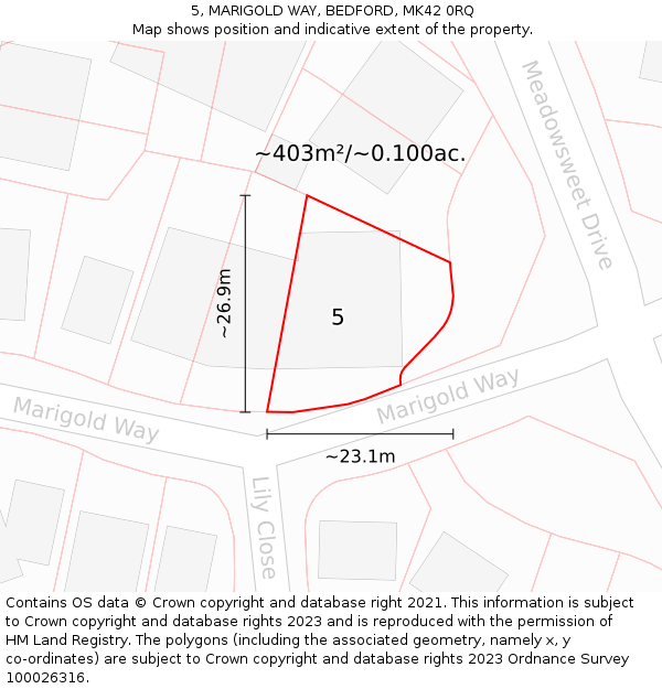 5, MARIGOLD WAY, BEDFORD, MK42 0RQ: Plot and title map