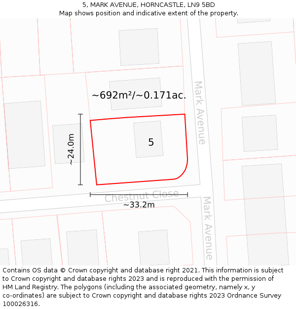 5, MARK AVENUE, HORNCASTLE, LN9 5BD: Plot and title map