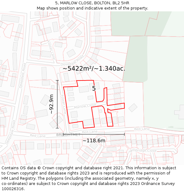 5, MARLOW CLOSE, BOLTON, BL2 5HR: Plot and title map