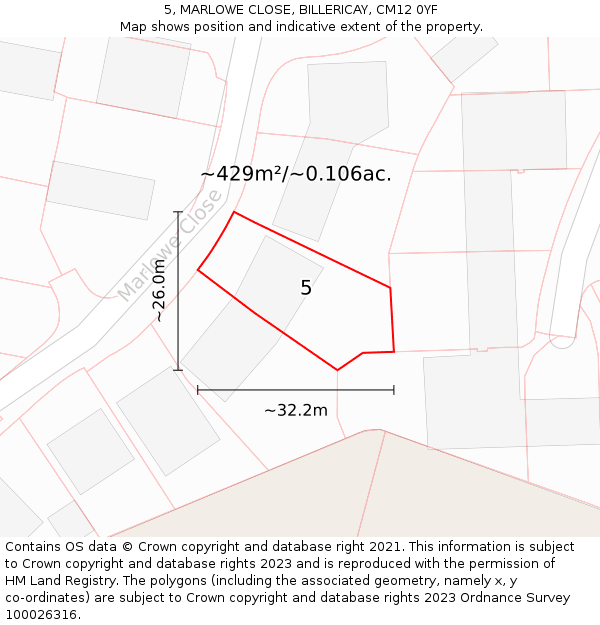 5, MARLOWE CLOSE, BILLERICAY, CM12 0YF: Plot and title map