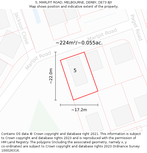 5, MARLPIT ROAD, MELBOURNE, DERBY, DE73 8JY: Plot and title map