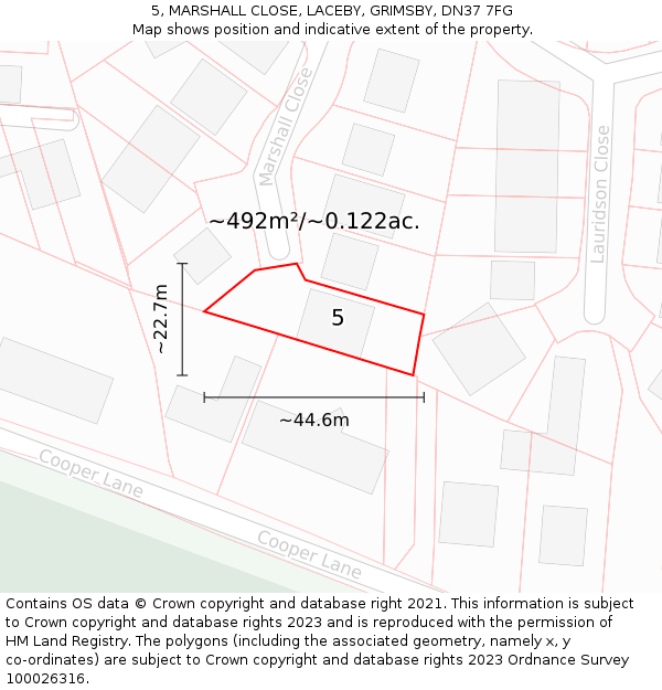5, MARSHALL CLOSE, LACEBY, GRIMSBY, DN37 7FG: Plot and title map