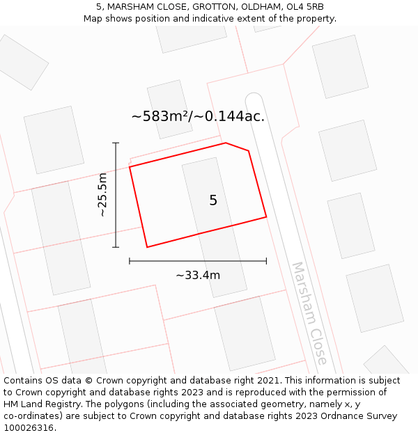 5, MARSHAM CLOSE, GROTTON, OLDHAM, OL4 5RB: Plot and title map