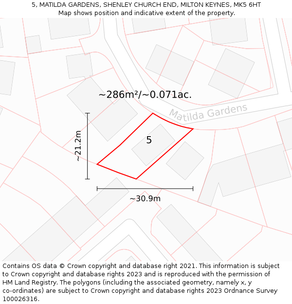 5, MATILDA GARDENS, SHENLEY CHURCH END, MILTON KEYNES, MK5 6HT: Plot and title map