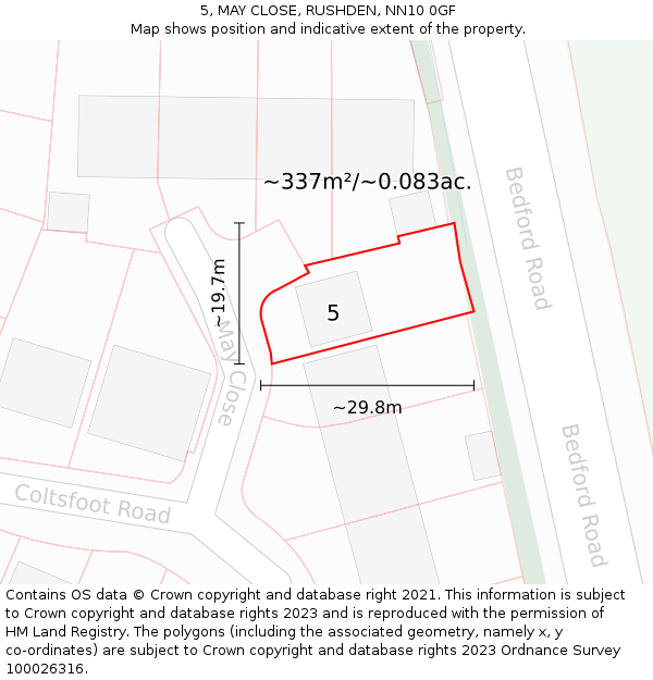 5, MAY CLOSE, RUSHDEN, NN10 0GF: Plot and title map