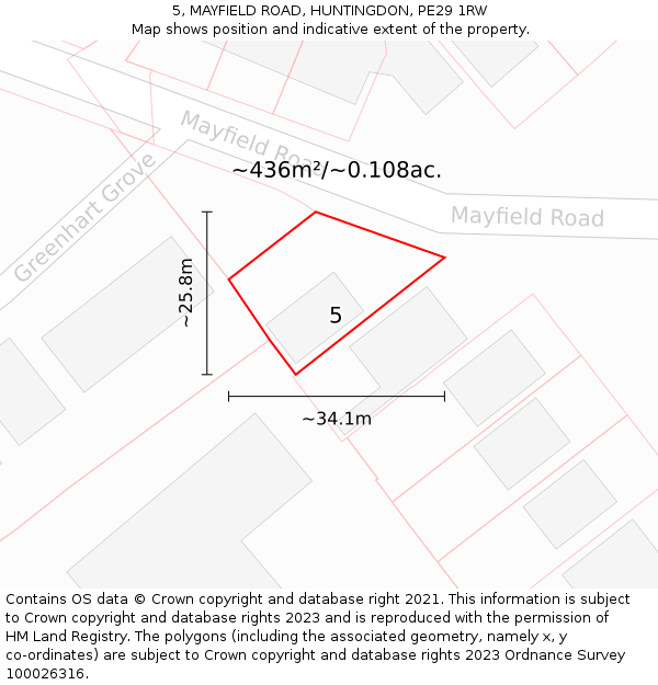 5, MAYFIELD ROAD, HUNTINGDON, PE29 1RW: Plot and title map