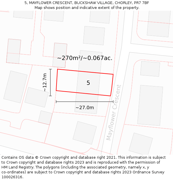 5, MAYFLOWER CRESCENT, BUCKSHAW VILLAGE, CHORLEY, PR7 7BF: Plot and title map