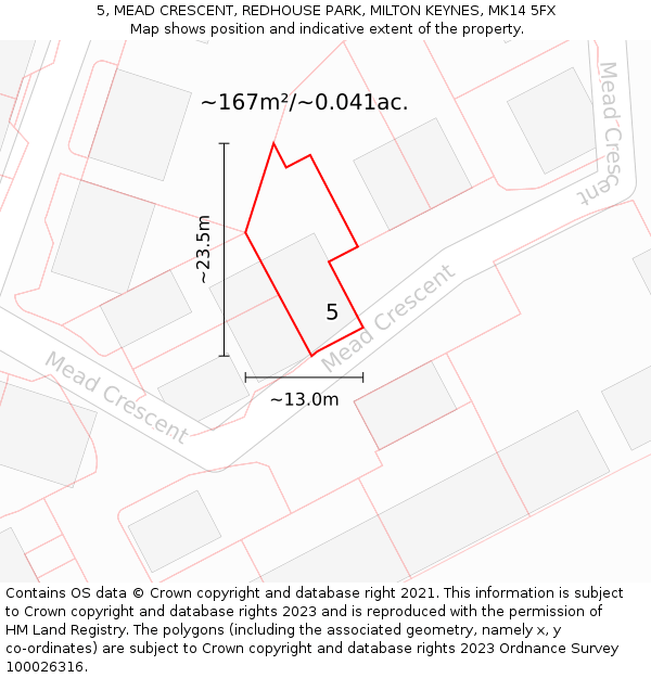 5, MEAD CRESCENT, REDHOUSE PARK, MILTON KEYNES, MK14 5FX: Plot and title map
