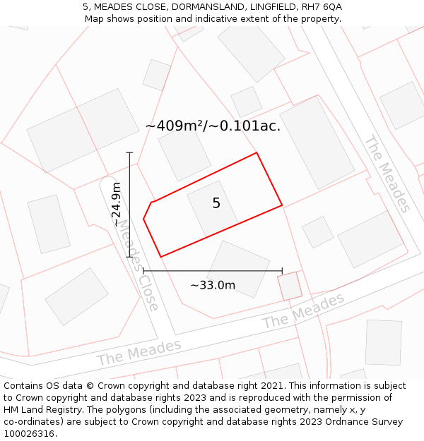 5, MEADES CLOSE, DORMANSLAND, LINGFIELD, RH7 6QA: Plot and title map