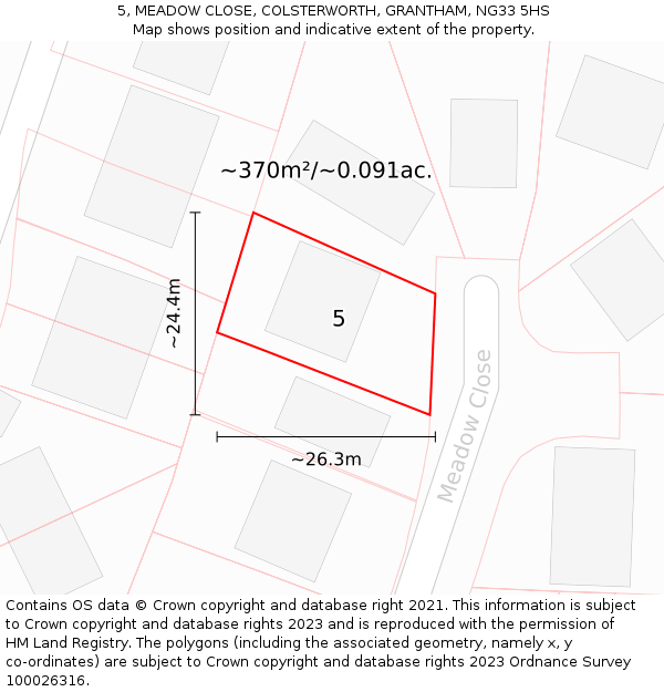 5, MEADOW CLOSE, COLSTERWORTH, GRANTHAM, NG33 5HS: Plot and title map