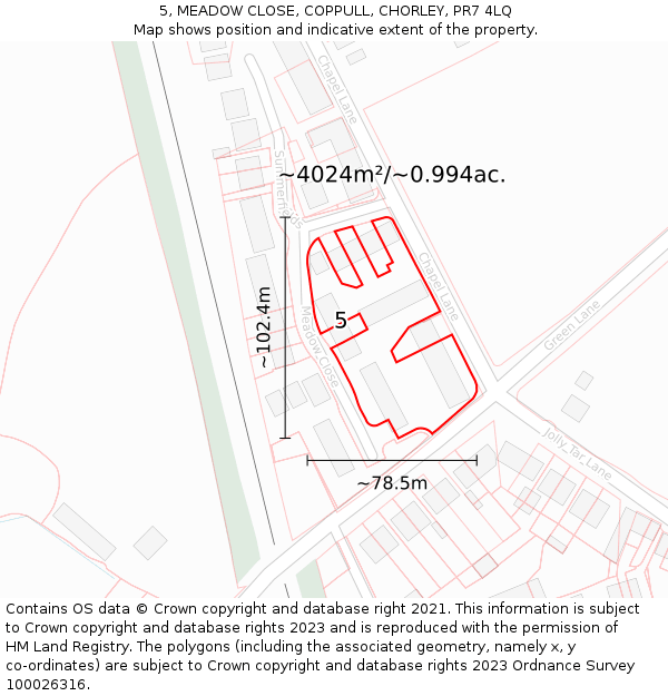 5, MEADOW CLOSE, COPPULL, CHORLEY, PR7 4LQ: Plot and title map