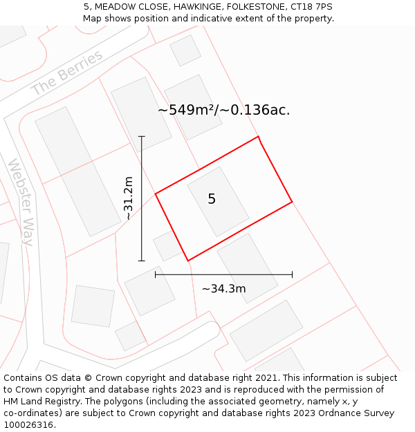 5, MEADOW CLOSE, HAWKINGE, FOLKESTONE, CT18 7PS: Plot and title map