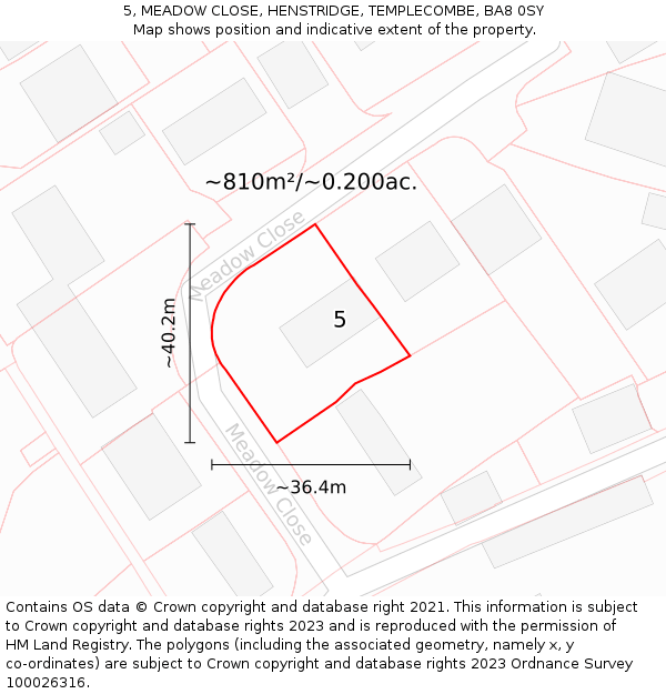5, MEADOW CLOSE, HENSTRIDGE, TEMPLECOMBE, BA8 0SY: Plot and title map