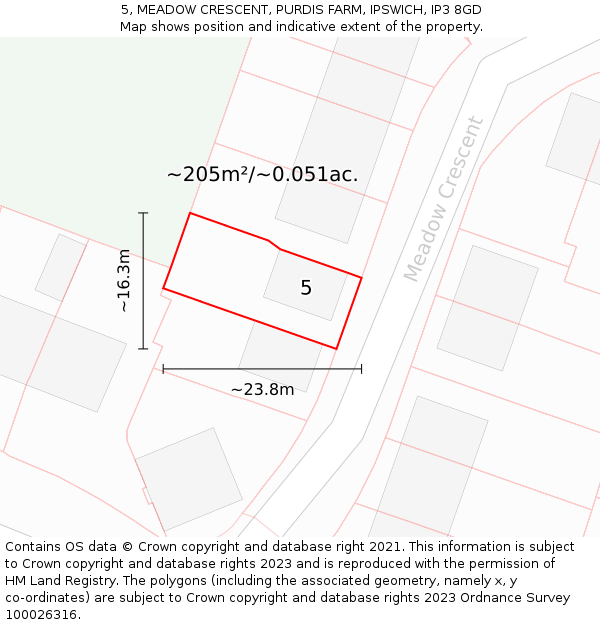 5, MEADOW CRESCENT, PURDIS FARM, IPSWICH, IP3 8GD: Plot and title map