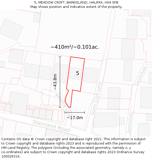 5, MEADOW CROFT, BARKISLAND, HALIFAX, HX4 0FB: Plot and title map