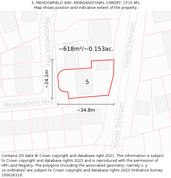 5, MEADOWFIELD WAY, MORGANSTOWN, CARDIFF, CF15 8FL: Plot and title map