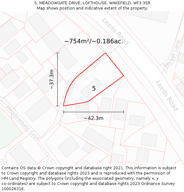5, MEADOWGATE DRIVE, LOFTHOUSE, WAKEFIELD, WF3 3SR: Plot and title map