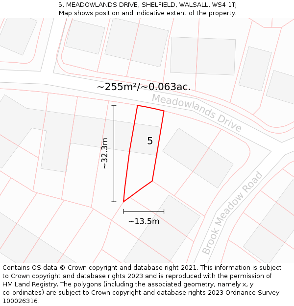 5, MEADOWLANDS DRIVE, SHELFIELD, WALSALL, WS4 1TJ: Plot and title map