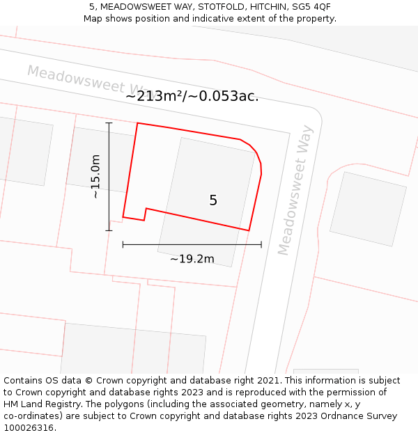 5, MEADOWSWEET WAY, STOTFOLD, HITCHIN, SG5 4QF: Plot and title map