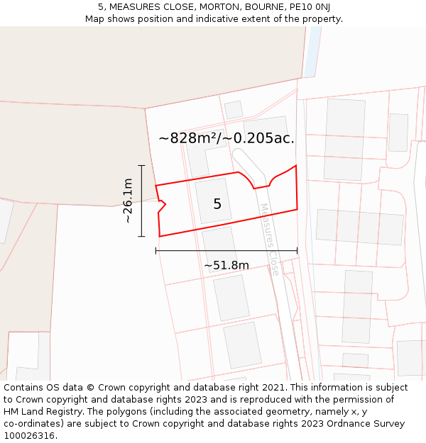 5, MEASURES CLOSE, MORTON, BOURNE, PE10 0NJ: Plot and title map