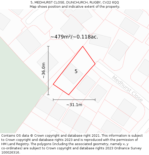 5, MEDHURST CLOSE, DUNCHURCH, RUGBY, CV22 6QQ: Plot and title map