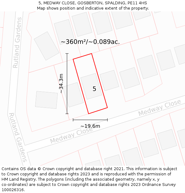 5, MEDWAY CLOSE, GOSBERTON, SPALDING, PE11 4HS: Plot and title map
