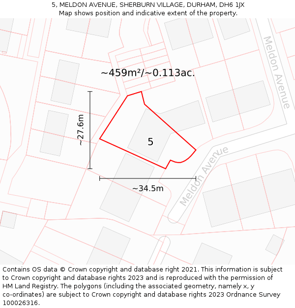 5, MELDON AVENUE, SHERBURN VILLAGE, DURHAM, DH6 1JX: Plot and title map