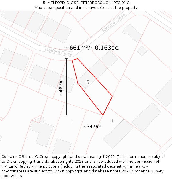 5, MELFORD CLOSE, PETERBOROUGH, PE3 9NG: Plot and title map