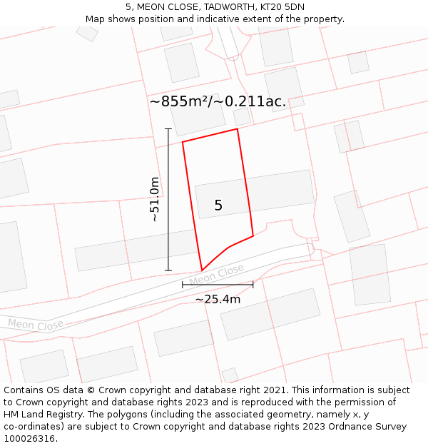 5, MEON CLOSE, TADWORTH, KT20 5DN: Plot and title map