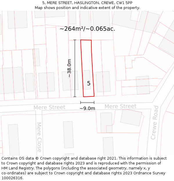 5, MERE STREET, HASLINGTON, CREWE, CW1 5PP: Plot and title map