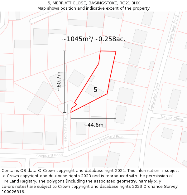 5, MERRIATT CLOSE, BASINGSTOKE, RG21 3HX: Plot and title map