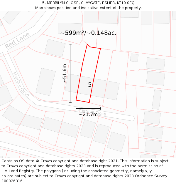 5, MERRILYN CLOSE, CLAYGATE, ESHER, KT10 0EQ: Plot and title map