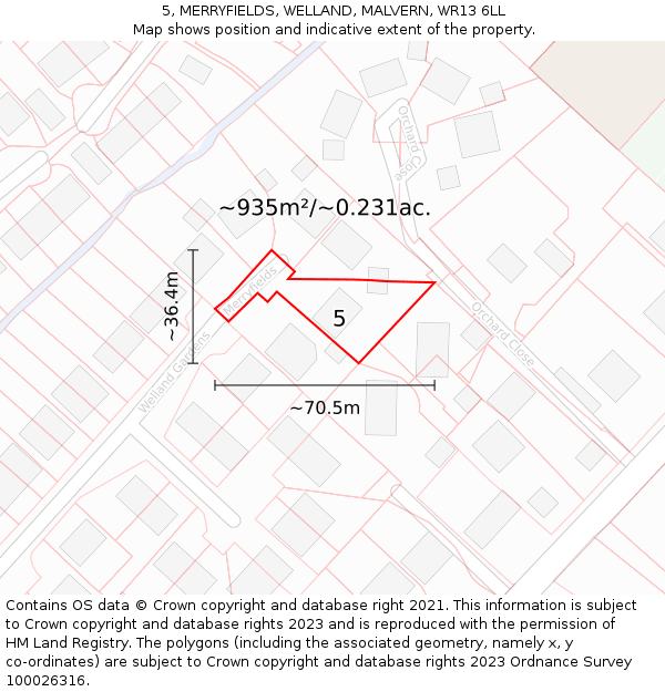 5, MERRYFIELDS, WELLAND, MALVERN, WR13 6LL: Plot and title map