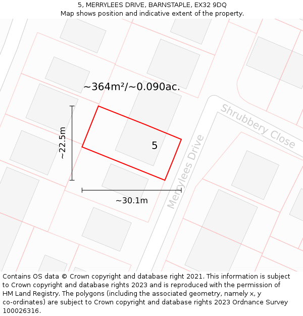 5, MERRYLEES DRIVE, BARNSTAPLE, EX32 9DQ: Plot and title map