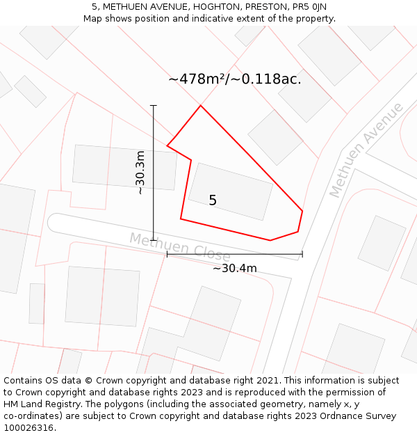 5, METHUEN AVENUE, HOGHTON, PRESTON, PR5 0JN: Plot and title map