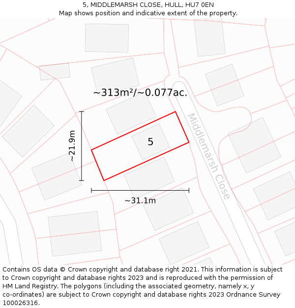 5, MIDDLEMARSH CLOSE, HULL, HU7 0EN: Plot and title map