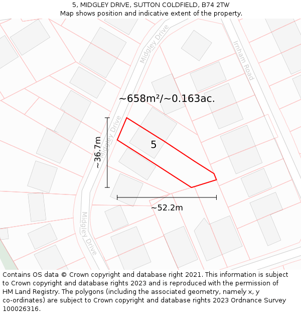 5, MIDGLEY DRIVE, SUTTON COLDFIELD, B74 2TW: Plot and title map
