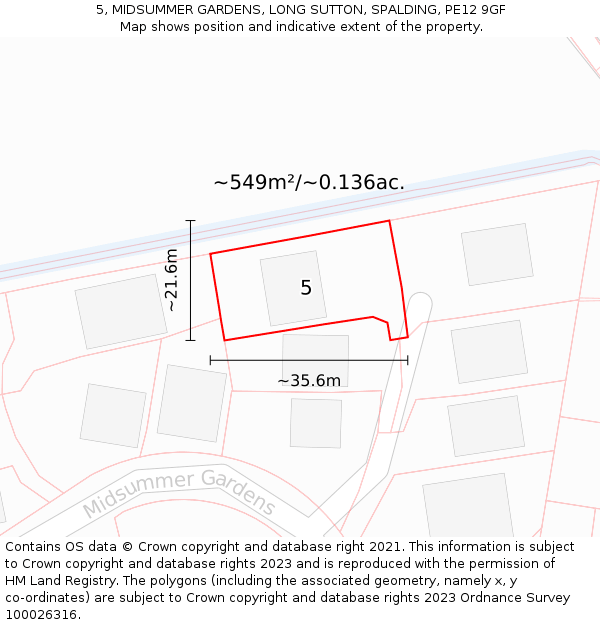 5, MIDSUMMER GARDENS, LONG SUTTON, SPALDING, PE12 9GF: Plot and title map