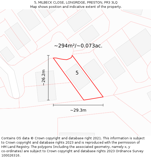 5, MILBECK CLOSE, LONGRIDGE, PRESTON, PR3 3LQ: Plot and title map