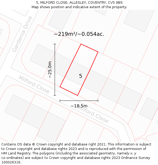 5, MILFORD CLOSE, ALLESLEY, COVENTRY, CV5 9BS: Plot and title map