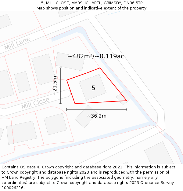 5, MILL CLOSE, MARSHCHAPEL, GRIMSBY, DN36 5TP: Plot and title map