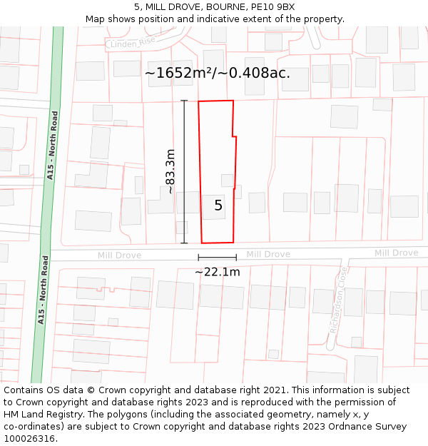 5, MILL DROVE, BOURNE, PE10 9BX: Plot and title map